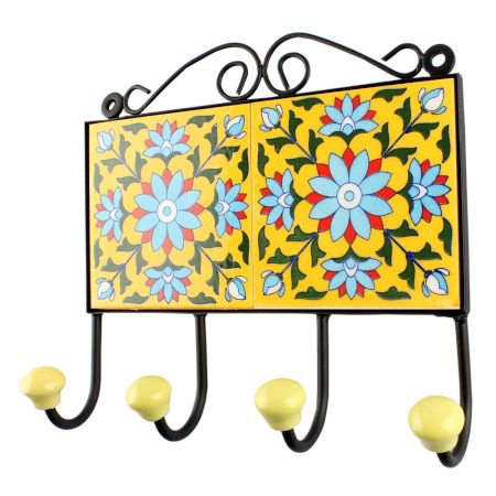 Yellow Base Turquoise Sonflower Ceramic Tiles Hook 